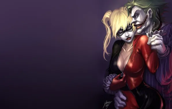 Girl, fantasy, Batman, hug, Joker, comics, blonde, artwork