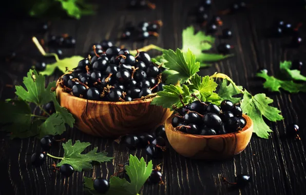 Picture leaves, berries, the dark background, black, Board, bowl, a lot, currants