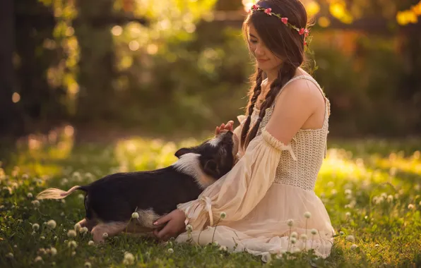 Summer, light, flowers, childhood, pose, glade, spring, dress