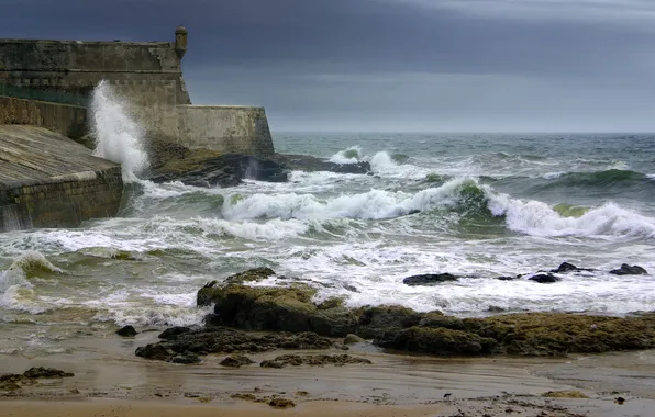 Sea, wave, the sky, storm, shore, concrete