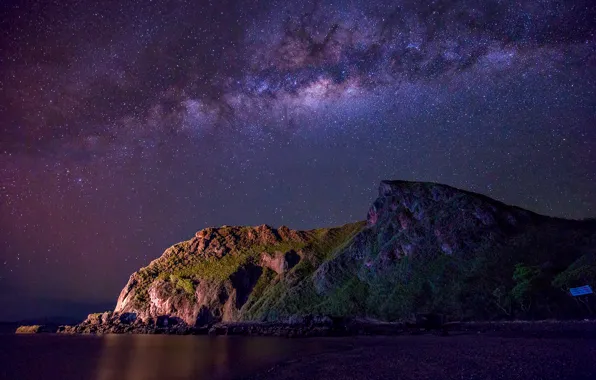 Sea, night, rock, stars, The Milky Way