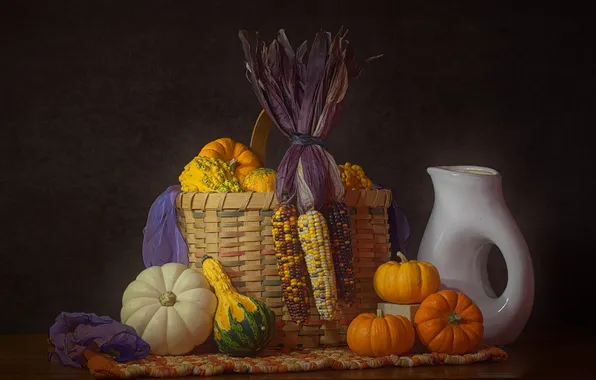 Autumn, basket, corn, harvest, pumpkin, pitcher, pumpkins