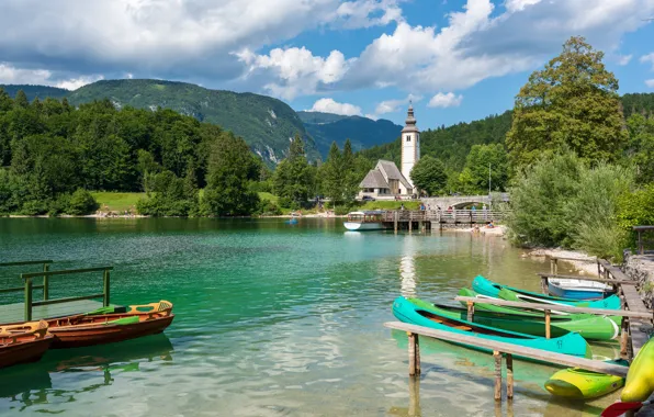 Forest, the sky, the sun, clouds, trees, mountains, lake, boats