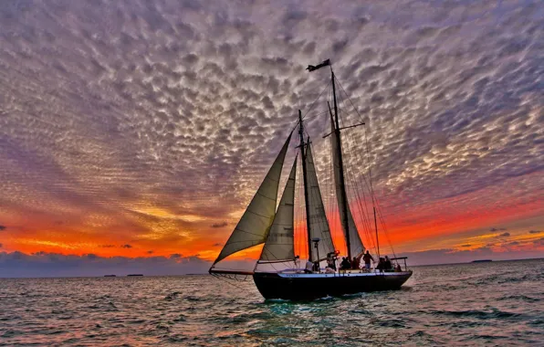 Sea, clouds, sunset, clouds, ship, sailboat, the evening, walk