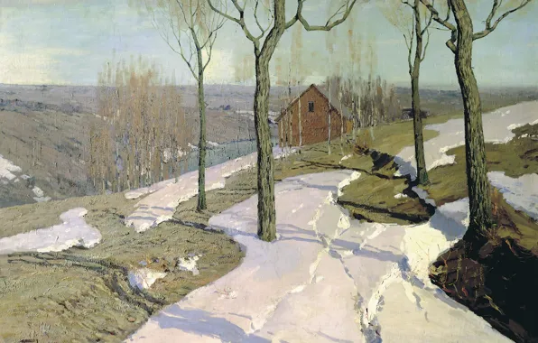 Trees, landscape, house, oil, Canvas, 1898, The last snow, Wilhelm PURVIT