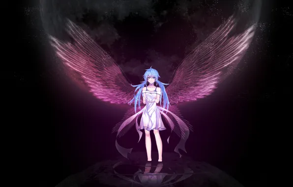 Water, girl, stars, reflection, wings, angel, art, vocaloid