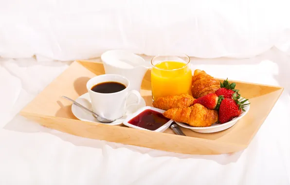 Coffee, Breakfast, cream, strawberry, juice, bed, cup, jam