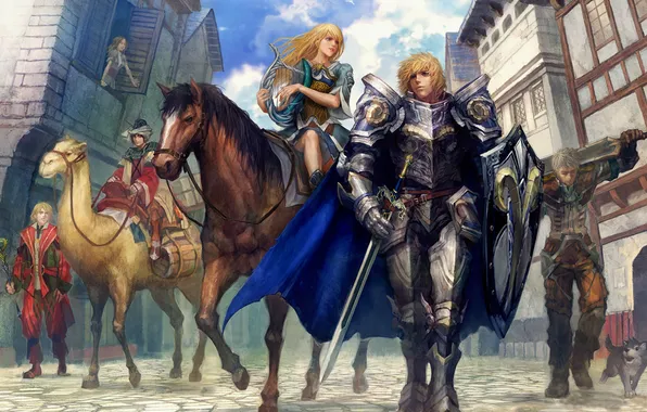Picture the sky, street, home, Girl, dog, horse, knights