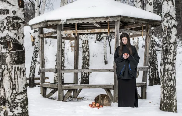 Winter, girl, apples