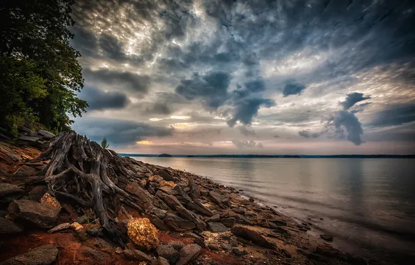 Picture the sky, clouds, landscape, nature, lake, stones, coast, HDR