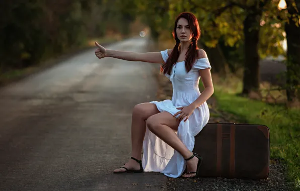Picture road, girl, pose, dress, suitcase, gesture, Goran Dobozhanov