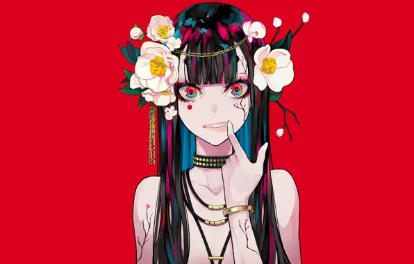 Picture look, girl, flowers, wreath, red background, mochizuki kei
