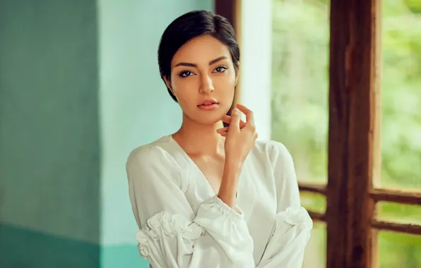 Picture pose, model, portrait, makeup, brunette, window, hairstyle, beautiful