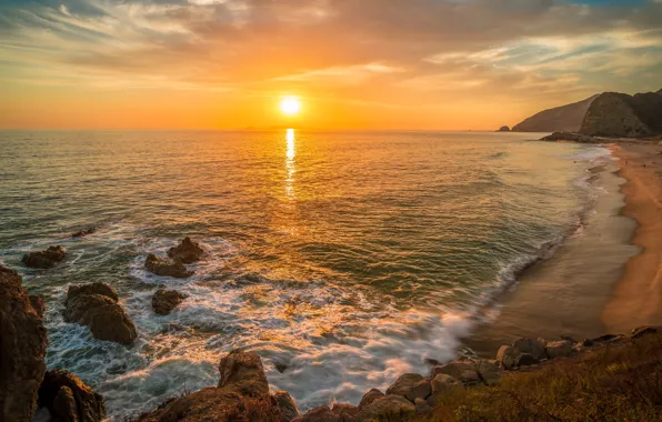 Sea, wave, beach, the sky, foam, the sun, light, sunset