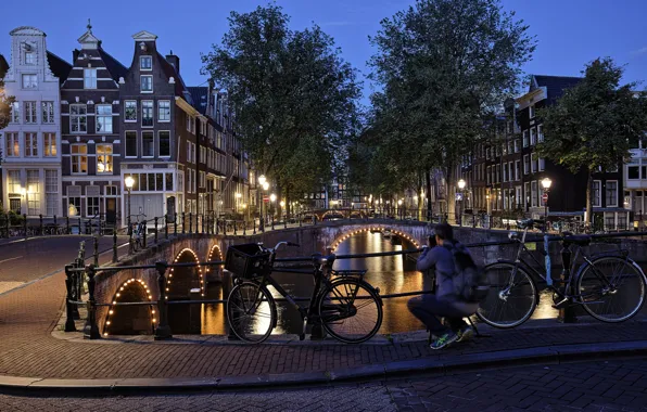 Night, the city, home, lighting, Amsterdam, lights, channel, Netherlands