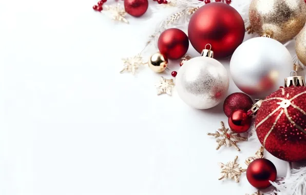 Balls, snowflakes, Christmas, red, white background, New year, white, Christmas decorations
