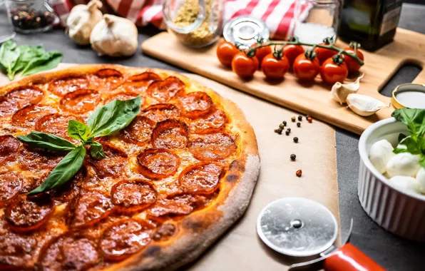 Cheese, pizza, tomatoes, sausage, spices