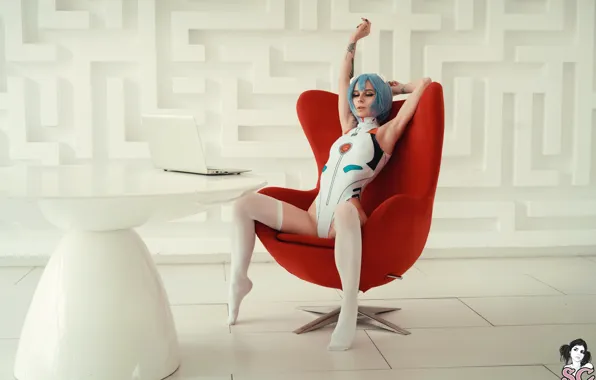 Picture Neon Genesis Evangelion, stockings, model, chair, tattoo, women, cosplay, laptop