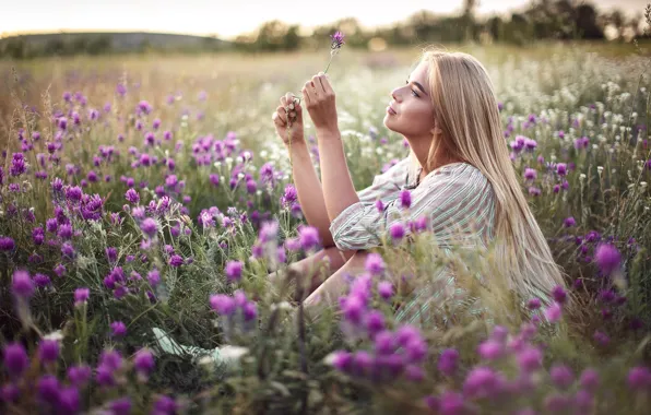 Field, summer, girl, flowers, nature, hair, Sergey Sorokin, Luba Ivanova