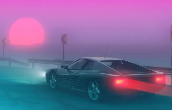The sun, Fog, Ferrari, 80s, Neon, Summer, Fog, 80's