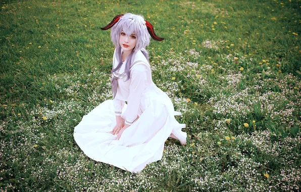Grass, flowers, glade, dress, outfit, horns, image, cosplay