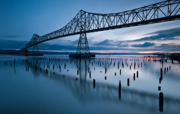 Picture clouds, sunset, bridge, reflection, river, the evening, Oregon, USA