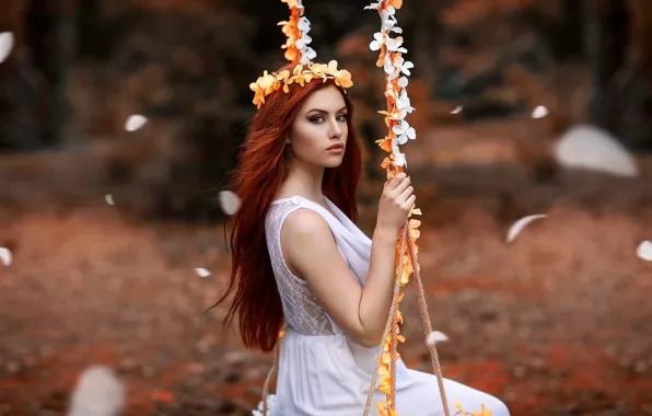Girl, flowers, swing, mood, Alessandro Di Cicco, Valentina Galassi