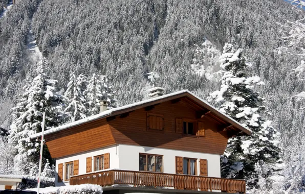 Winter, snow, landscape, mountains, nature, house, Alps