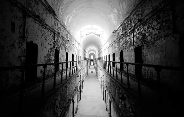 Photo, black and white, prison, abandoned building, Pennsylvania, Philadelphia, Аmerican prison