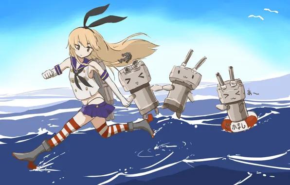Picture sea, water, girl, round, Seagull, anime, art, kantai collection
