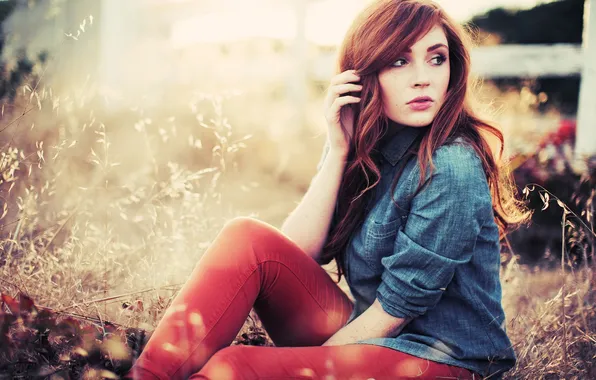 Girl, red, shirt, red jeans