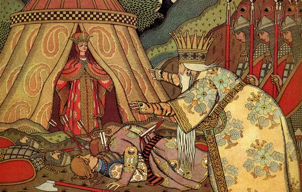 Picture sword, crown, the battle, Bilibin Ivan Yakovlevich (1876-1942), Tsar Dadon, before Shamahanskaya Queen