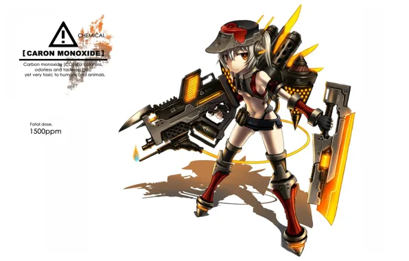 Text, shadow, girl, white background, cap, armor, super-weapons, armed