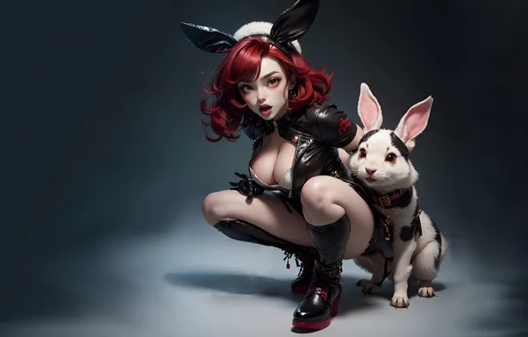 Girl, the dark background, rabbit, items