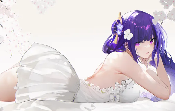 Picture girl, flowers, Genshin Impact, Raiden Shogun, by omone hokoma agm