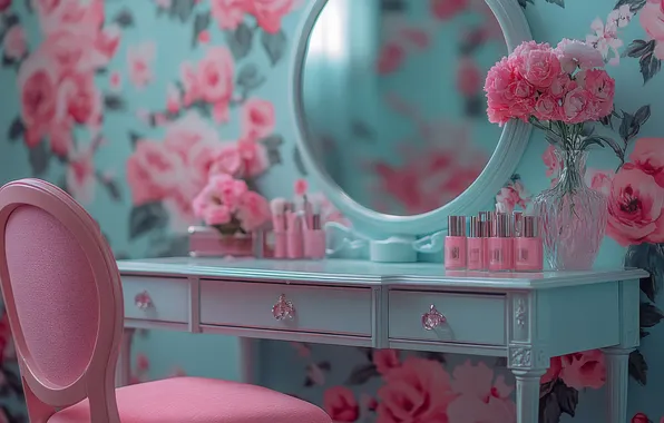 Wallpaper, roses, interior, mirror, chair, pink, cosmetics, blue background