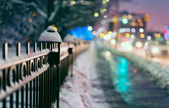 Winter, macro, snow, trees, the city, lights, background, Wallpaper
