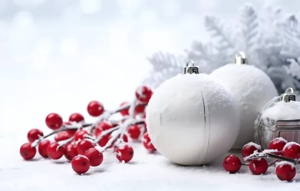 Balls, branches, fruit, Christmas, red, white background, New year, white