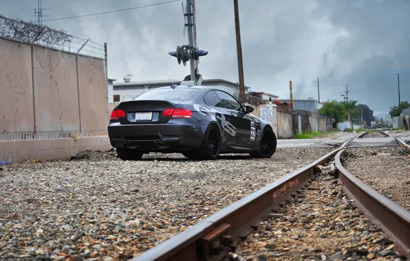 Picture the sky, the way, stones, wall, black, posts, rails, bmw