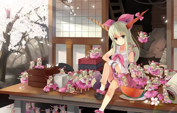 Picture girl, house, watermelon, Sakura, the demon, horns, touhou, ibuki suika