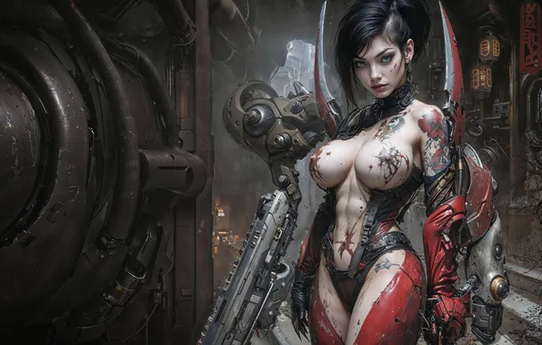 Chest, look, Android, digital art, digital art, blood spatter, sexy brunette, fantastic art
