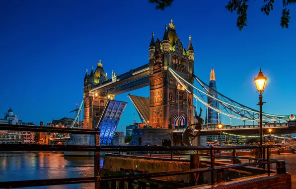 Bridge, lights, England, London, the evening