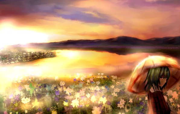 Picture field, girl, sunset, flowers, lake, umbrella, touhou, art