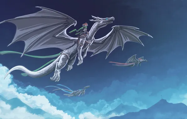 The sky, clouds, flight, fiction, wings, dragons, art