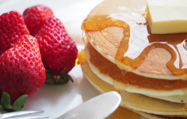 Oil, strawberry, honey, pancakes