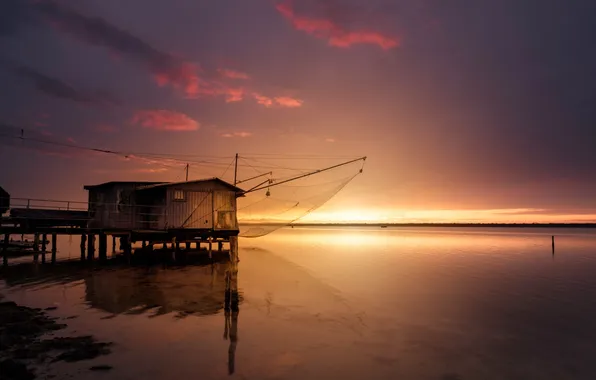 Lake, dawn, network, fishing shack