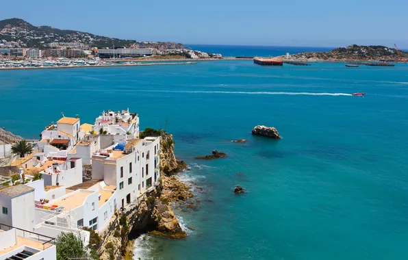 Sea, rocks, island, home, Spain, island, Spain, Ibiza