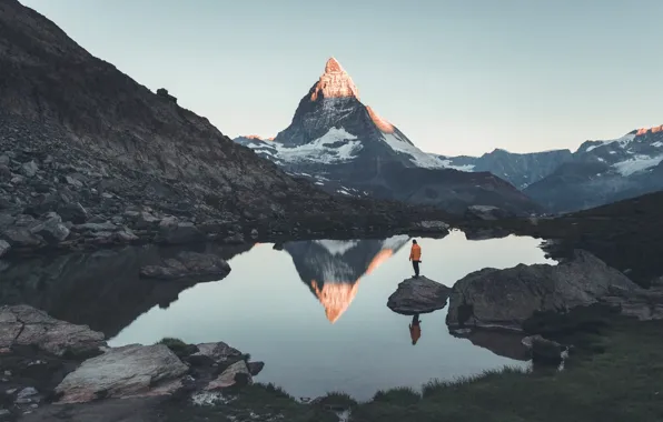 Mountains, lake, rocks, people, mountain, Switzerland, top, Matterhorn