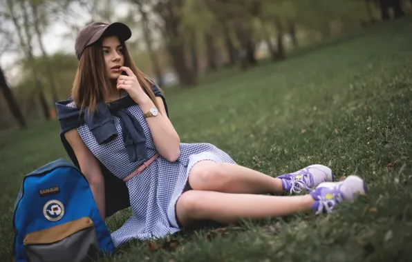 Girl, trees, Park, lawn, makeup, dress, hairstyle, cap
