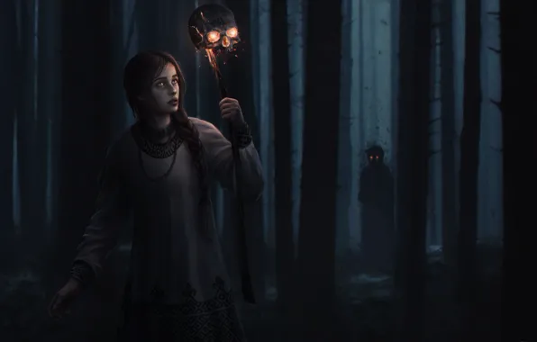 Girl, Night, Skull, Trees, Forest, Tale, Girl, Darkness